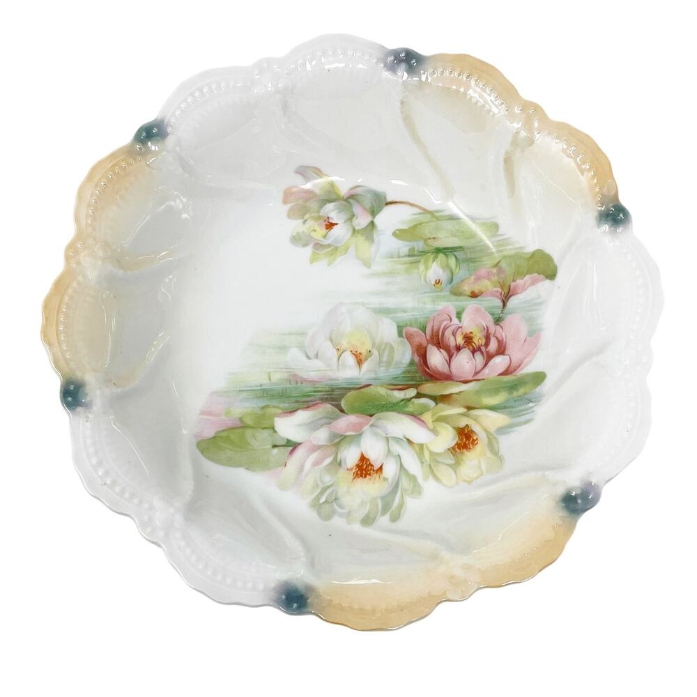 Vintage Leuchtenburg Germany Porcelain Water Lily Bowl Scallop 9 Inch Delicate